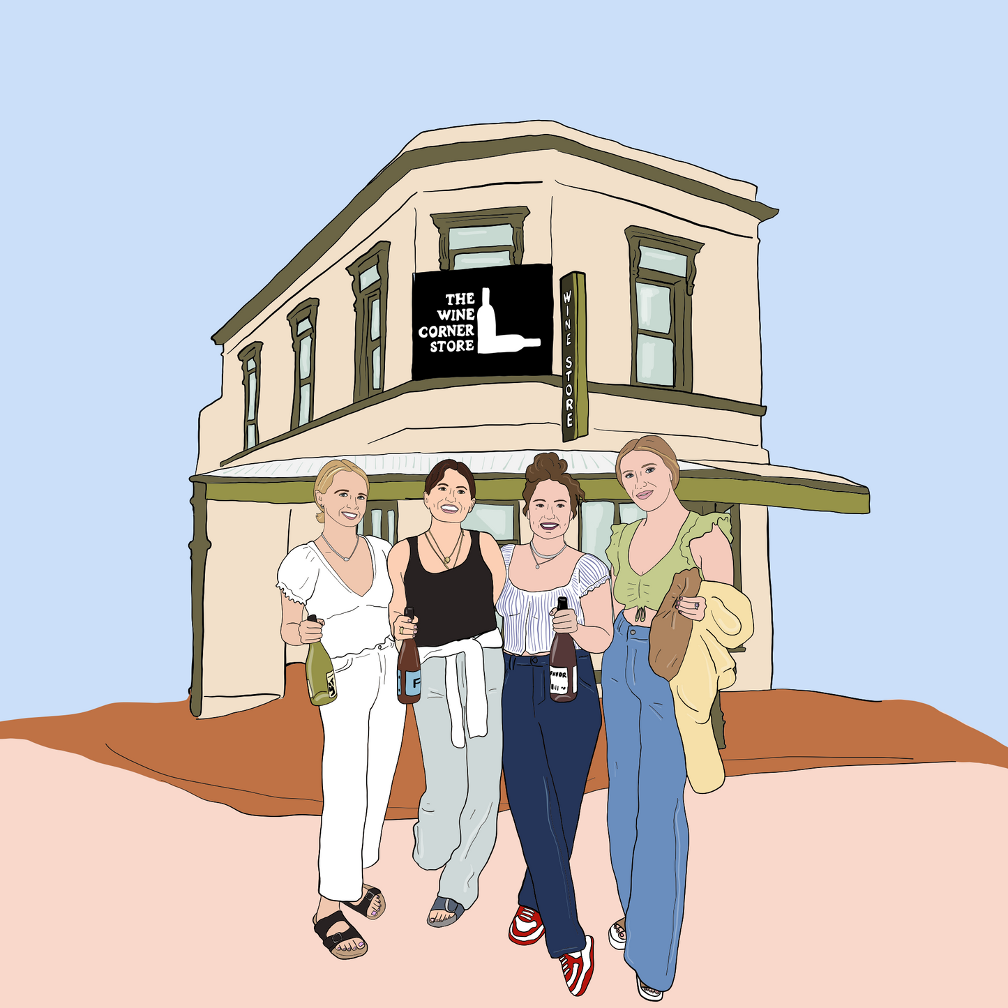 a digital illustration of a friendship portrait. four young women stand close each holding a bottle of wine, all smiling and stood outside the wine corner store, carlton. 