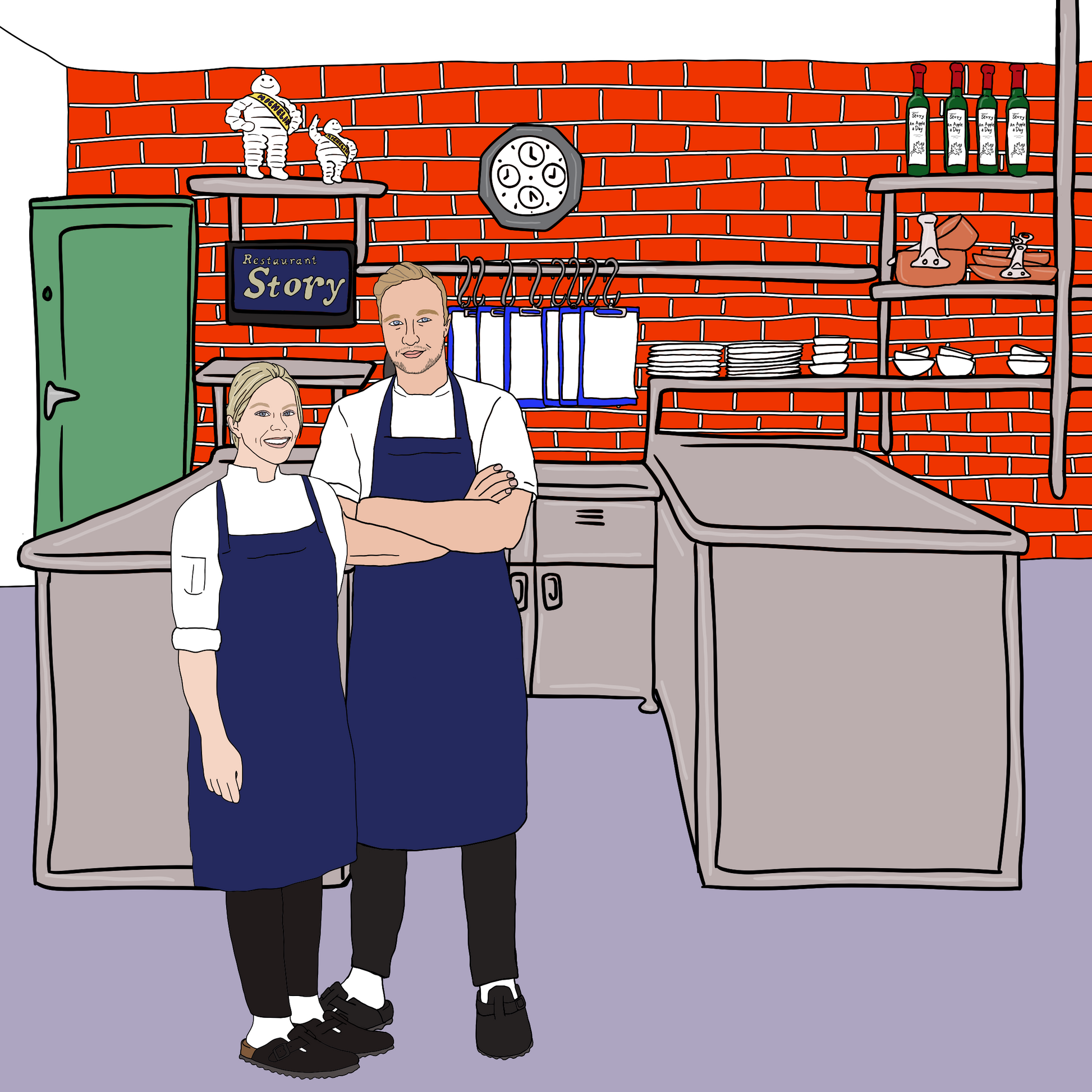 a digital illustration of a couple portrait. a female and male chef standing in the kitchen of restaurant story, london. they're in clean smart chef uniforms, birkenstock sandals. the background has shelves with nearly stacked crockery, pans and bottles. two michelin men statues are on the top shelf