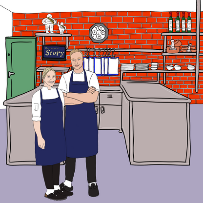 a digital illustration of a couple portrait. a female and male chef standing in the kitchen of restaurant story, london. they're in clean smart chef uniforms, birkenstock sandals. the background has shelves with nearly stacked crockery, pans and bottles. two michelin men statues are on the top shelf