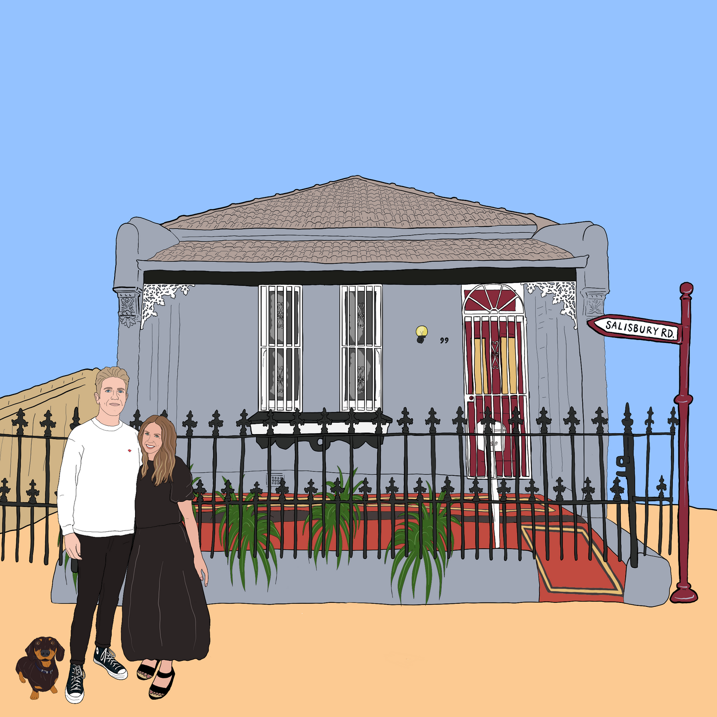 a digital illustration of a couple portrait. a couple - male and female stand similing outside a freestanding one story house, their dacshund is stood next to them,