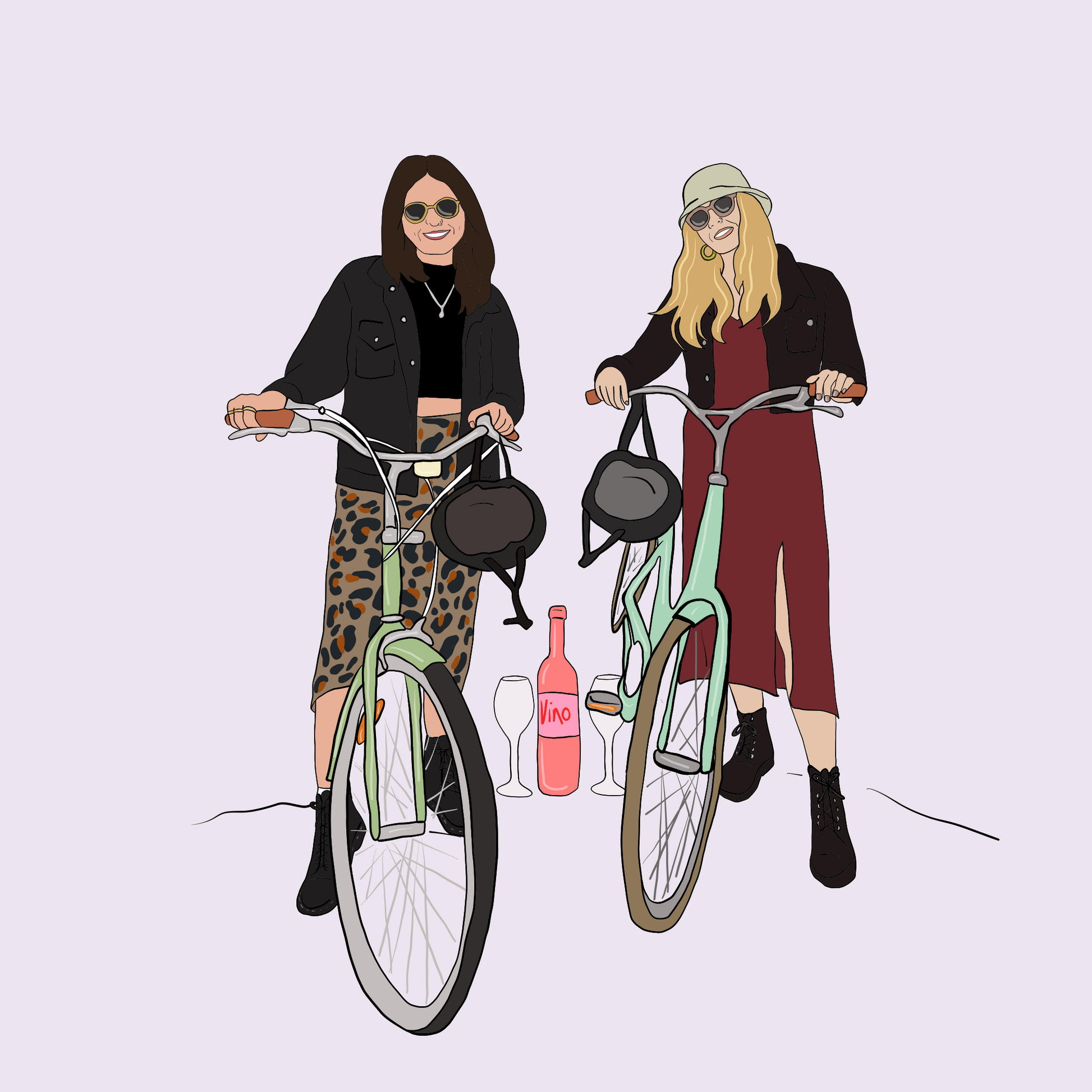 a digital illustration of a friendship portrait. two young women with their mint green bikes stood next to eachother, stylishly dressed wearing sunglasses and boots, a bottle of vino and two glasses is between them