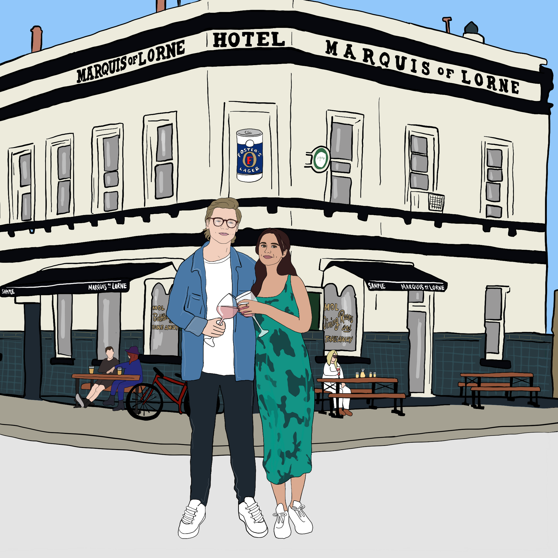 a digital illustration of a couple portrait. A man and woman standing outside of the marquis of lorne hotel in fitzroy, melbourne. they're standing close to one another, clinking their large glasses of wine. there are people sat on the benches outside the pub in the background