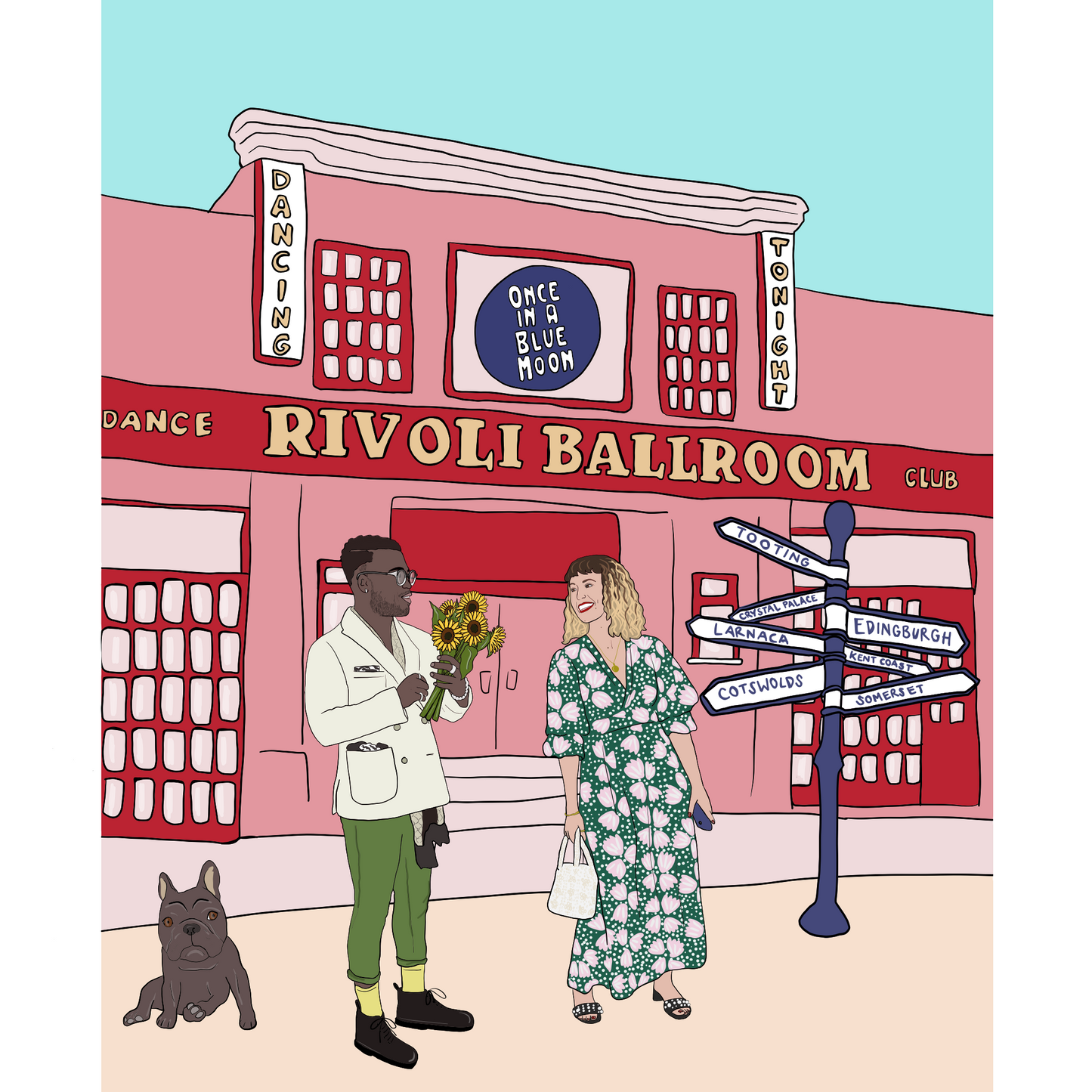 a digital illustration of a couple portrait. they are standing outside the rivoli ballroom, 'once in a blue moon', a stylish man is holding sunflowers. a stylish woman is smiling at her partner, wearing a long dress, holding a pearl handbag. a french bulldog is sat nearby, a signpost with place names to represent their memories together